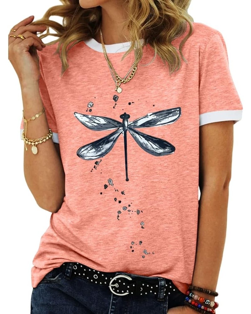 Women's Graphic Tees Casual Summer Funny Dragonfly Printed Short Sleeve Cute T Shirts Tops Pink $11.50 T-Shirts