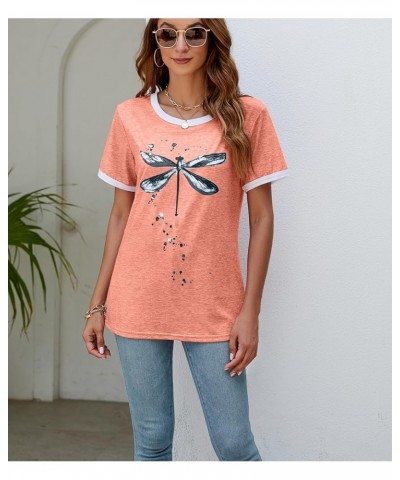 Women's Graphic Tees Casual Summer Funny Dragonfly Printed Short Sleeve Cute T Shirts Tops Pink $11.50 T-Shirts