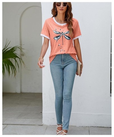 Women's Graphic Tees Casual Summer Funny Dragonfly Printed Short Sleeve Cute T Shirts Tops Pink $11.50 T-Shirts