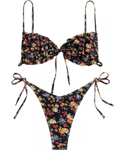 Women's 2 Piece Swimsuit Ditsy Floral Frill Trim Ruched Tie Side Bikini Set Bathing Suits Multicolor $14.26 Swimsuits