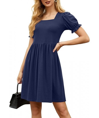 Womens Summer Dresses Square Neck Ruffle Puff Sleeve A-Line Casual Mini Dress Navy Blue $16.40 Dresses