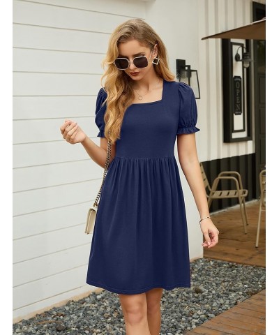 Womens Summer Dresses Square Neck Ruffle Puff Sleeve A-Line Casual Mini Dress Navy Blue $16.40 Dresses