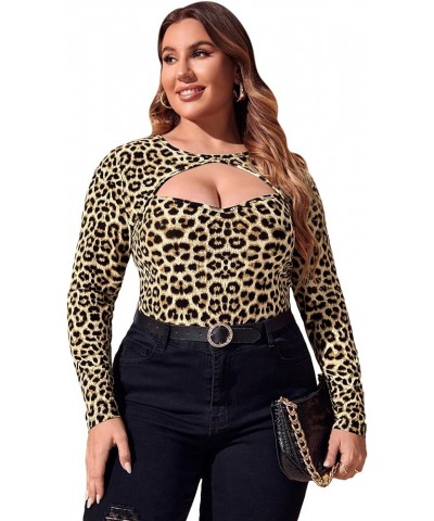 Women's Plus Size Leopard Print Cut Out Long Sleeve Slim Fit Shirt Sexy Tee Top Leopard Multi $17.10 T-Shirts