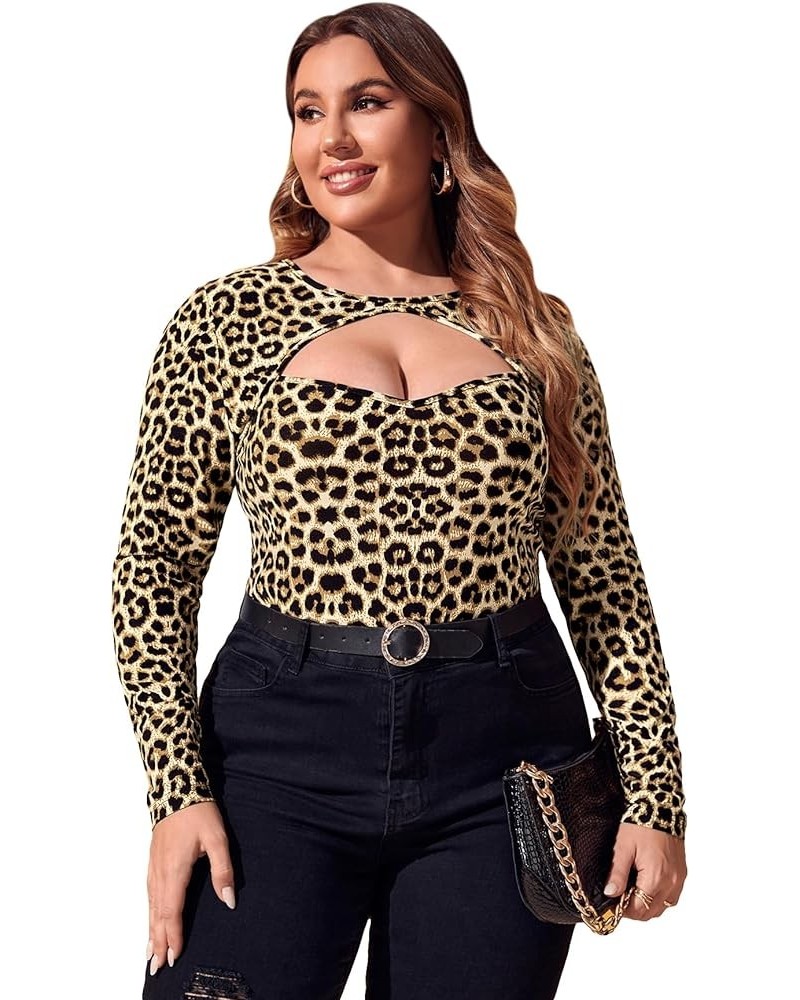 Women's Plus Size Leopard Print Cut Out Long Sleeve Slim Fit Shirt Sexy Tee Top Leopard Multi $17.10 T-Shirts