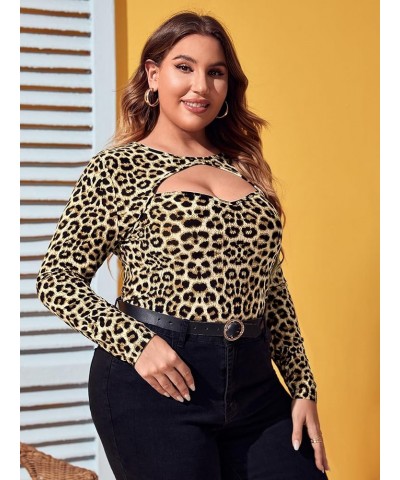 Women's Plus Size Leopard Print Cut Out Long Sleeve Slim Fit Shirt Sexy Tee Top Leopard Multi $17.10 T-Shirts