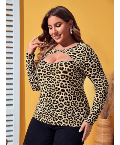 Women's Plus Size Leopard Print Cut Out Long Sleeve Slim Fit Shirt Sexy Tee Top Leopard Multi $17.10 T-Shirts