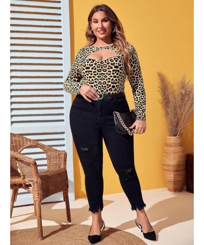 Women's Plus Size Leopard Print Cut Out Long Sleeve Slim Fit Shirt Sexy Tee Top Leopard Multi $17.10 T-Shirts