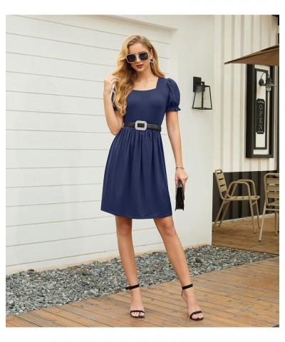 Womens Summer Dresses Square Neck Ruffle Puff Sleeve A-Line Casual Mini Dress Navy Blue $16.40 Dresses