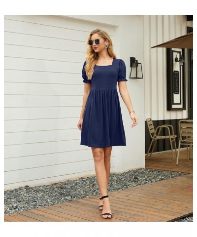 Womens Summer Dresses Square Neck Ruffle Puff Sleeve A-Line Casual Mini Dress Navy Blue $16.40 Dresses