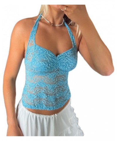 Women Y2k Lace Camisole Sexy Crop Tops Sleeveless Spaghetti Strap Tank Cami Bustier Backless Going Out Top H 18 Blue $9.63 Tanks