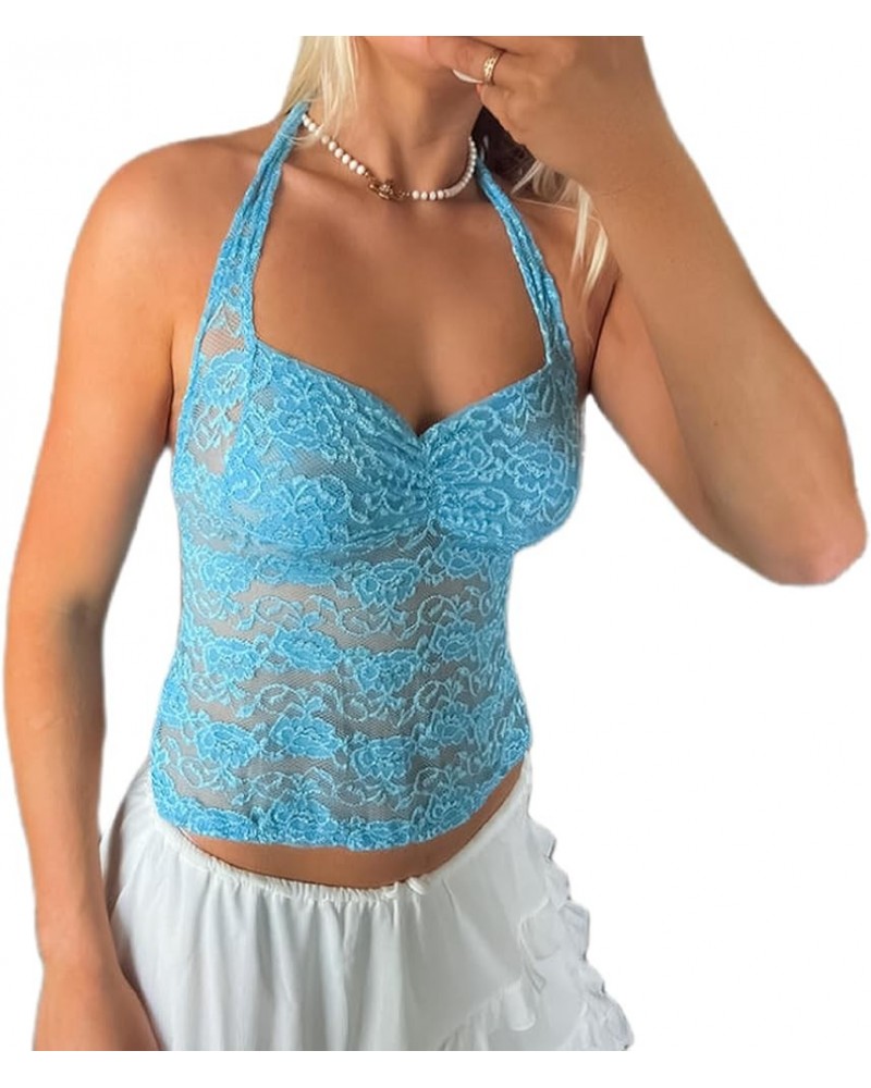 Women Y2k Lace Camisole Sexy Crop Tops Sleeveless Spaghetti Strap Tank Cami Bustier Backless Going Out Top H 18 Blue $9.63 Tanks