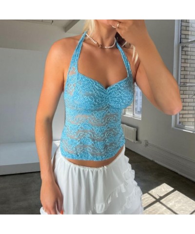 Women Y2k Lace Camisole Sexy Crop Tops Sleeveless Spaghetti Strap Tank Cami Bustier Backless Going Out Top H 18 Blue $9.63 Tanks