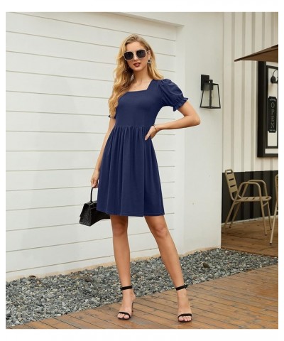 Womens Summer Dresses Square Neck Ruffle Puff Sleeve A-Line Casual Mini Dress Navy Blue $16.40 Dresses