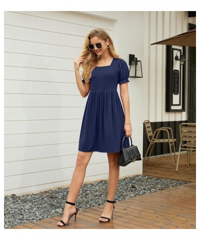 Womens Summer Dresses Square Neck Ruffle Puff Sleeve A-Line Casual Mini Dress Navy Blue $16.40 Dresses