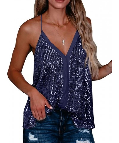 Women's Fashion V Neck Sequin Strappy Flowy Tank Tops Sexy Sleeveless Racerback Cami Shirts A Blue $17.22 Tanks