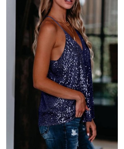 Women's Fashion V Neck Sequin Strappy Flowy Tank Tops Sexy Sleeveless Racerback Cami Shirts A Blue $17.22 Tanks