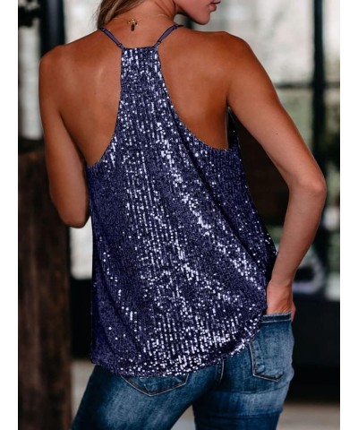 Women's Fashion V Neck Sequin Strappy Flowy Tank Tops Sexy Sleeveless Racerback Cami Shirts A Blue $17.22 Tanks