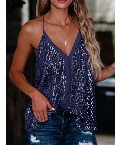 Women's Fashion V Neck Sequin Strappy Flowy Tank Tops Sexy Sleeveless Racerback Cami Shirts A Blue $17.22 Tanks