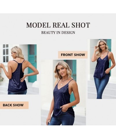 Women's Fashion V Neck Sequin Strappy Flowy Tank Tops Sexy Sleeveless Racerback Cami Shirts A Blue $17.22 Tanks