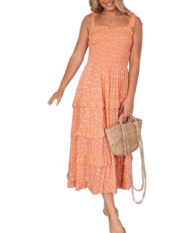 Women's Summer Straps Cotton Irregular Polka Dot Ruffles Midi Dress Lightsalmon2 $17.67 Dresses