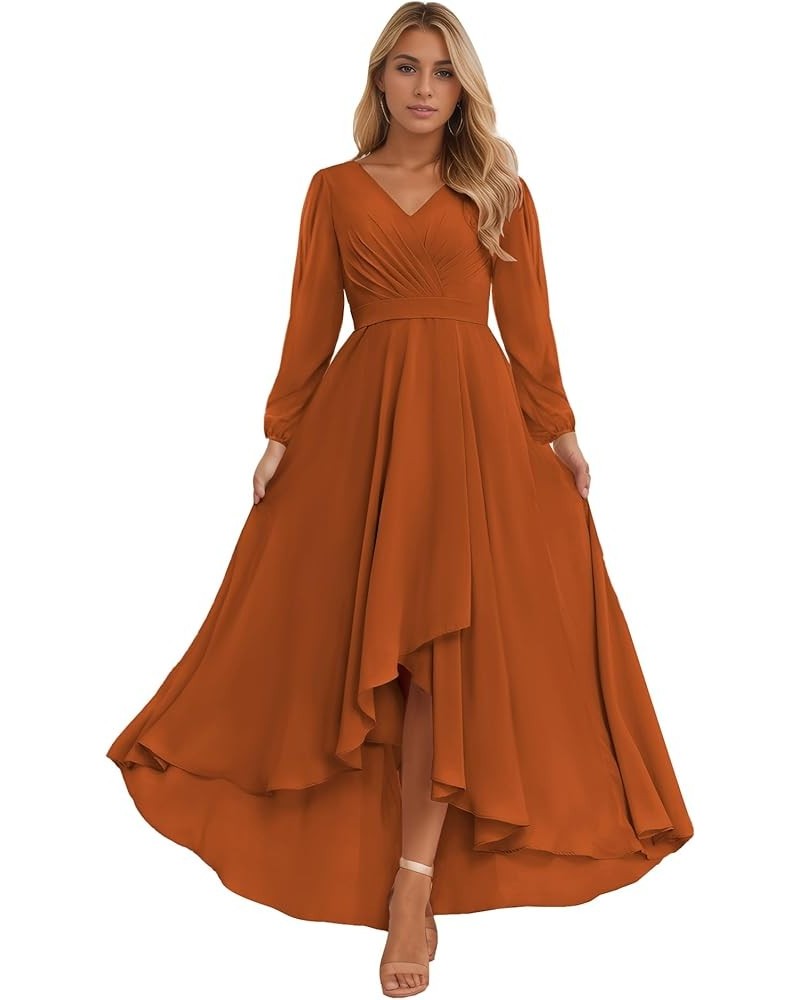 Long Sleeve Bridesmaid Dresses for Women 2024 V Neck Ruched Chiffon Formal Dress Burnt Orange $28.59 Dresses