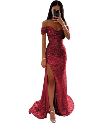 Women's Sequin Prom Dresses with Slit Mermaid Long Ball Gown Ruched Sparkly Formal Evening Gown Burgundy $30.00 Dresses