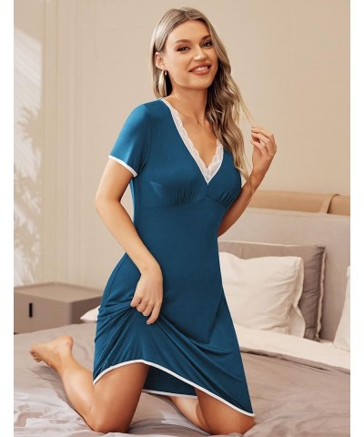 Womens Nightgown V Neck Sexy Sleepwear Short Sleeve Sleep Shirt Lace Trim Soft Night Shirts Teal $13.99 Sleep & Lounge