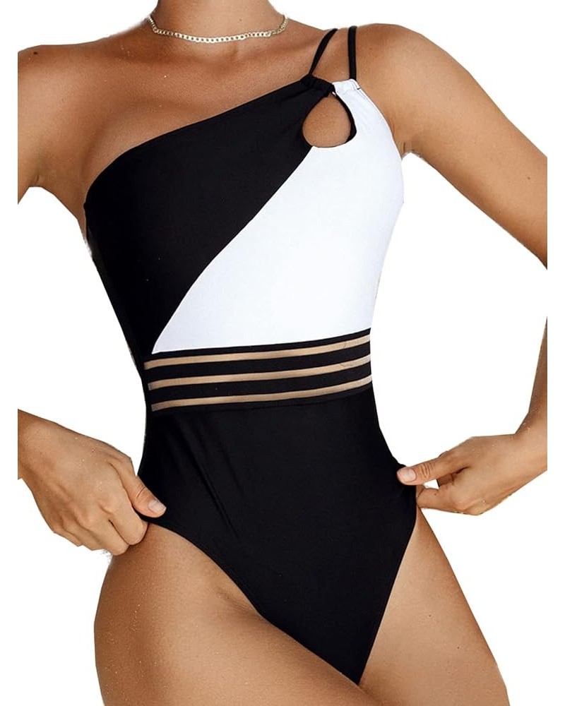 Women's Sexy One Piece Bathing Suits One Shoulder Swimsuits Monokini Slimming Mesh Swimwear C-black $19.80 Swimsuits