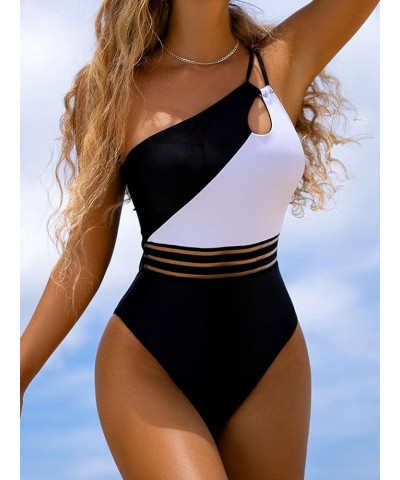 Women's Sexy One Piece Bathing Suits One Shoulder Swimsuits Monokini Slimming Mesh Swimwear C-black $19.80 Swimsuits