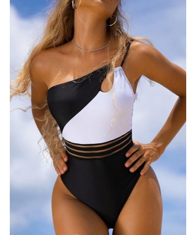 Women's Sexy One Piece Bathing Suits One Shoulder Swimsuits Monokini Slimming Mesh Swimwear C-black $19.80 Swimsuits