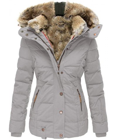 Womens Coats Winter Zipper Hooded Faux Fur Inside Down Jackets Grey $40.50 Jackets