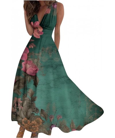 Summer Dresses for Women 2024 Casual Sleeveless Deep V Neck Floral Print Long Maxi Dress Pleated Cocktail Swing Dress 09-gree...