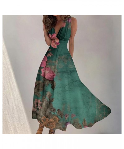 Summer Dresses for Women 2024 Casual Sleeveless Deep V Neck Floral Print Long Maxi Dress Pleated Cocktail Swing Dress 09-gree...