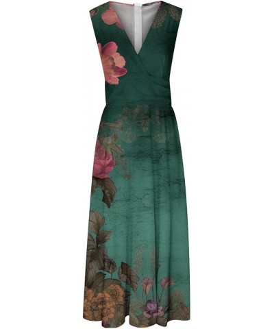 Summer Dresses for Women 2024 Casual Sleeveless Deep V Neck Floral Print Long Maxi Dress Pleated Cocktail Swing Dress 09-gree...