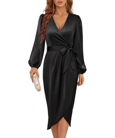 Women's 2023 Satin Short/Long Sleeve Cocktail Midi Dress Belted Ruched Slit Formal Wedding Guest Dresses Black-1 $22.00 Dresses