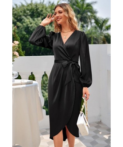 Women's 2023 Satin Short/Long Sleeve Cocktail Midi Dress Belted Ruched Slit Formal Wedding Guest Dresses Black-1 $22.00 Dresses