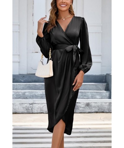 Women's 2023 Satin Short/Long Sleeve Cocktail Midi Dress Belted Ruched Slit Formal Wedding Guest Dresses Black-1 $22.00 Dresses