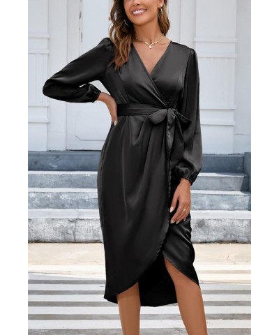 Women's 2023 Satin Short/Long Sleeve Cocktail Midi Dress Belted Ruched Slit Formal Wedding Guest Dresses Black-1 $22.00 Dresses