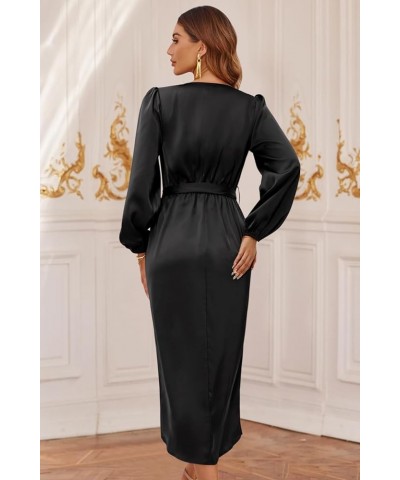 Women's 2023 Satin Short/Long Sleeve Cocktail Midi Dress Belted Ruched Slit Formal Wedding Guest Dresses Black-1 $22.00 Dresses