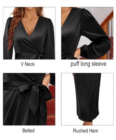 Women's 2023 Satin Short/Long Sleeve Cocktail Midi Dress Belted Ruched Slit Formal Wedding Guest Dresses Black-1 $22.00 Dresses