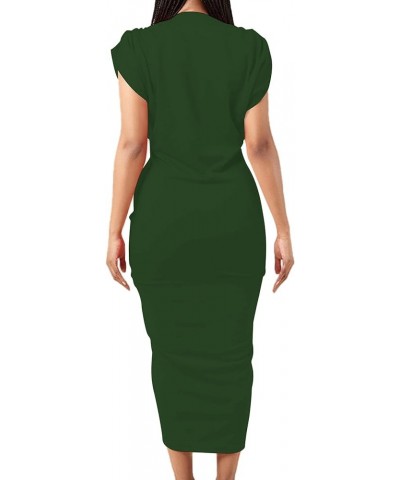 Women's Deep V Neck Ruched Cap Sleeve Sexy Party Midi Bodycon Dress Green $20.89 Dresses