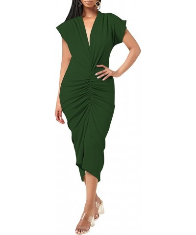 Women's Deep V Neck Ruched Cap Sleeve Sexy Party Midi Bodycon Dress Green $20.89 Dresses