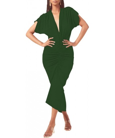 Women's Deep V Neck Ruched Cap Sleeve Sexy Party Midi Bodycon Dress Green $20.89 Dresses