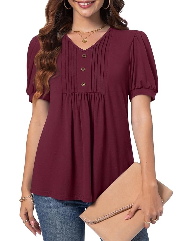 Women's Puff Short Sleeve Tunic Tops Dressy V Neck Pleated Shirts Casual Work Blouses Puff Sleeve/Burgundy $14.39 Tops