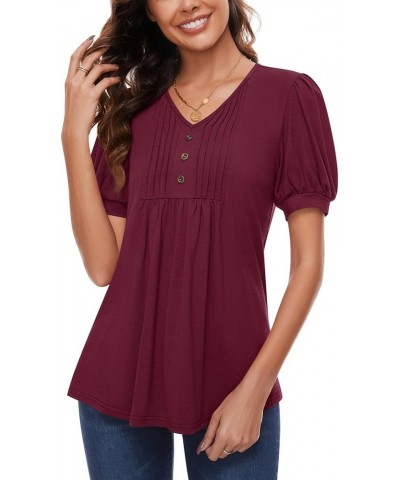 Women's Puff Short Sleeve Tunic Tops Dressy V Neck Pleated Shirts Casual Work Blouses Puff Sleeve/Burgundy $14.39 Tops