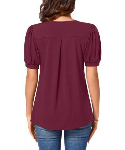 Women's Puff Short Sleeve Tunic Tops Dressy V Neck Pleated Shirts Casual Work Blouses Puff Sleeve/Burgundy $14.39 Tops