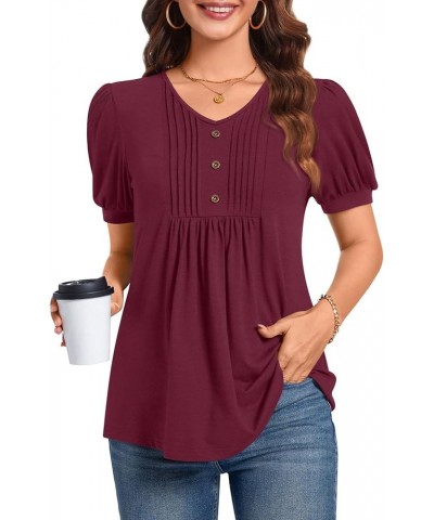 Women's Puff Short Sleeve Tunic Tops Dressy V Neck Pleated Shirts Casual Work Blouses Puff Sleeve/Burgundy $14.39 Tops