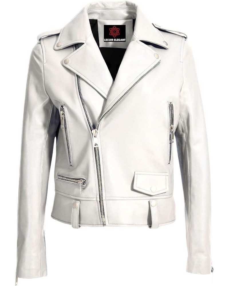 Women's Genuine Biker Leather Jacket - Cafe Racer Asymmetrical Motorcycle Real Lambskin Leather Jacket White $48.60 Coats