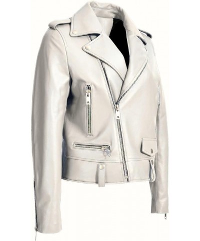 Women's Genuine Biker Leather Jacket - Cafe Racer Asymmetrical Motorcycle Real Lambskin Leather Jacket White $48.60 Coats