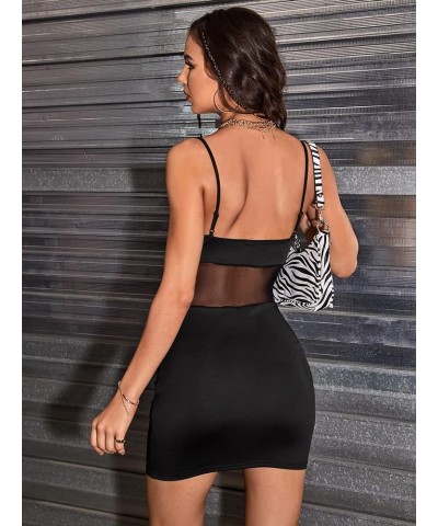 Women's Contrast Mesh Spaghetti Strap Mini Bodycon Cami Dress Black $15.92 Dresses